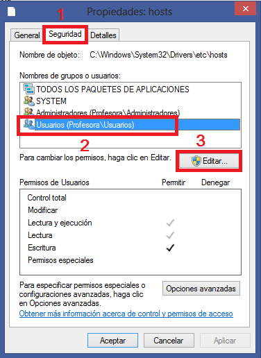 Conceder permisos al usuario para editar el hosts