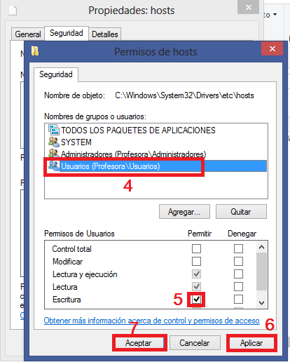 Conceder permisos al usuario para editar el hosts