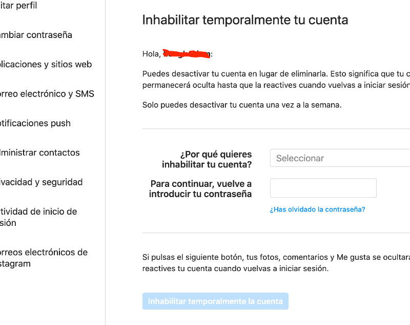 inhabilitar cuenta de instagram temporalmente