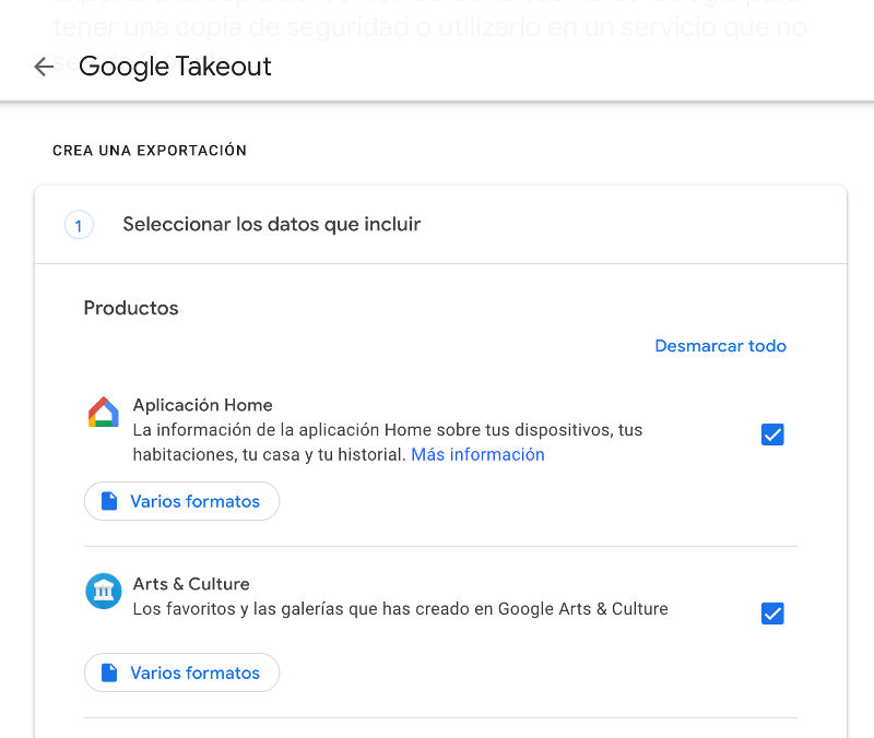 configurar lo que quieres guardar en google take out