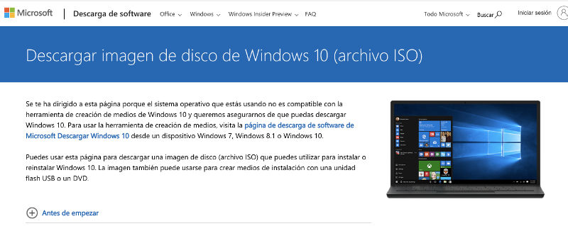 descargar iso de windows 10 desde la web oficial