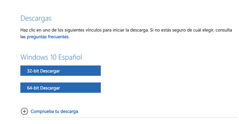 elegir iso de 32 o 64 bits de windows 10 en la web oficial