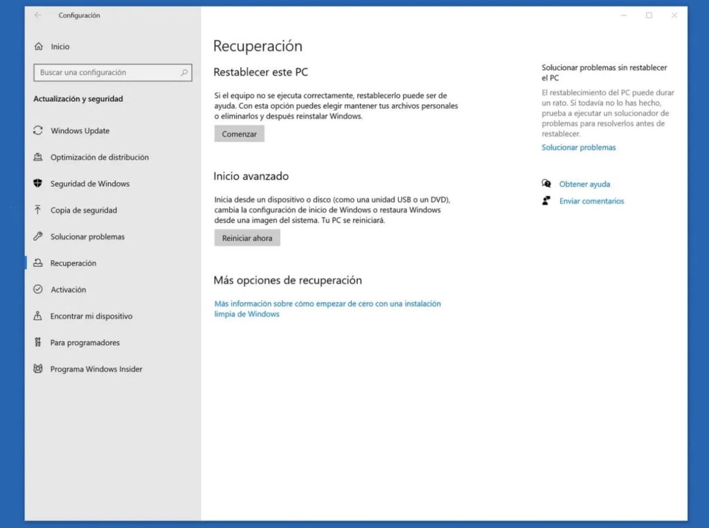 como restablecer windows