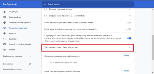 Ver todas las cookies y datos de los sitios web