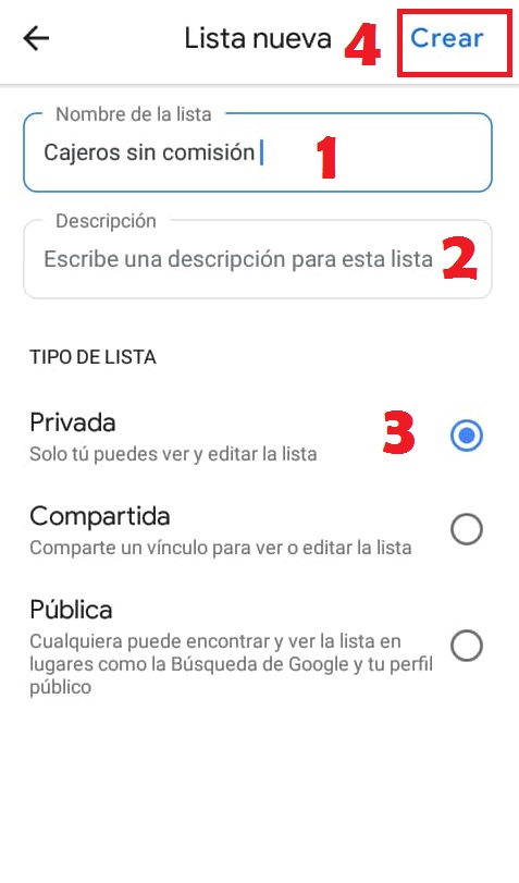 Pasos para crear una nueva lista con cajeros ING sin comisión