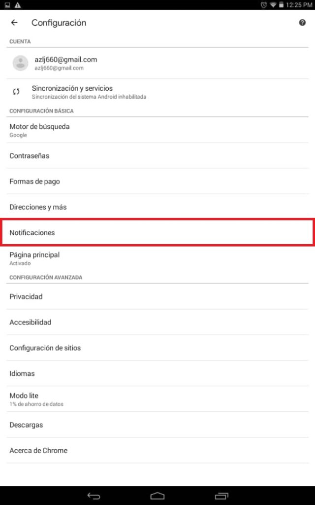 Menu de configuración de Chrome