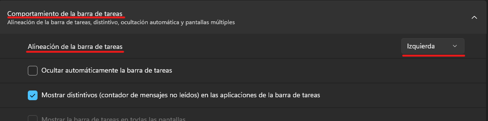 alineación de la barra de tareas en windows 11