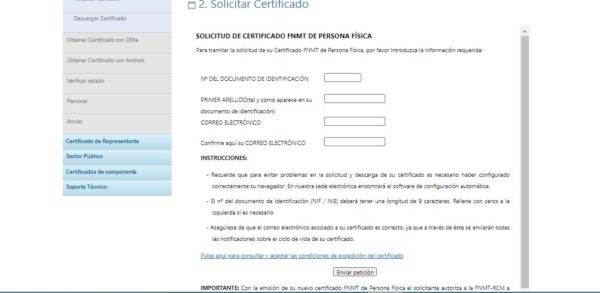 Formulario para solicitar el certificado digital FNMT