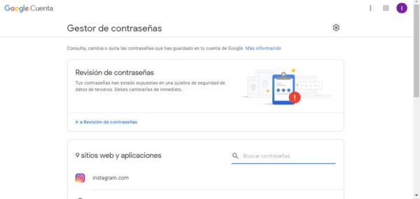 Menú del gestor de contraseñas
