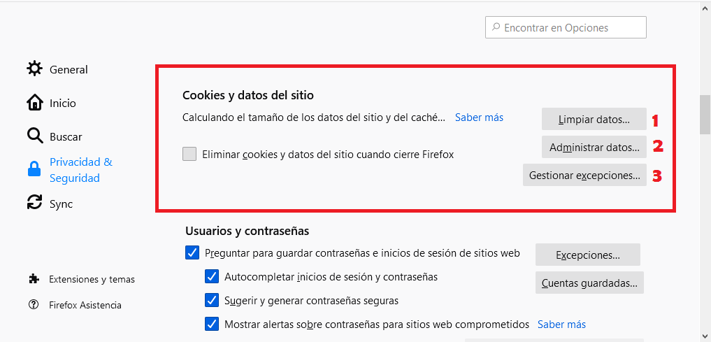 Eliminar cookies en Firefox
