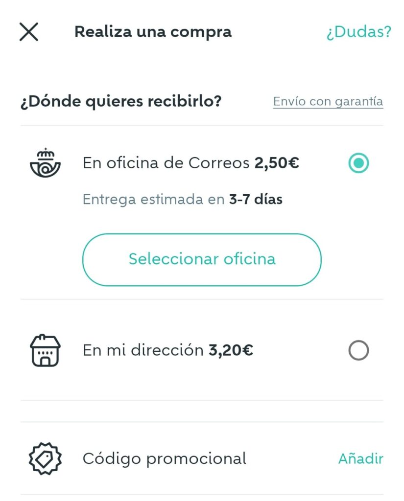 seleccionar metodo envio correos wallapop