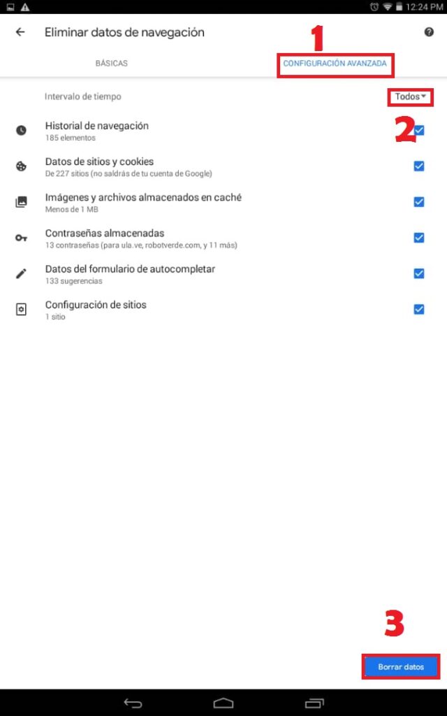 Opciones para borrar los datos de navegación