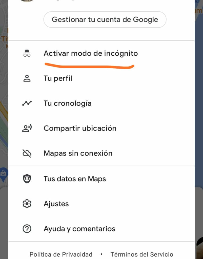 activar modo incognito de google maps en android