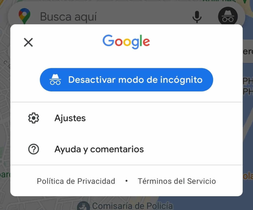 como desactivar el modo incognito de Google Maps